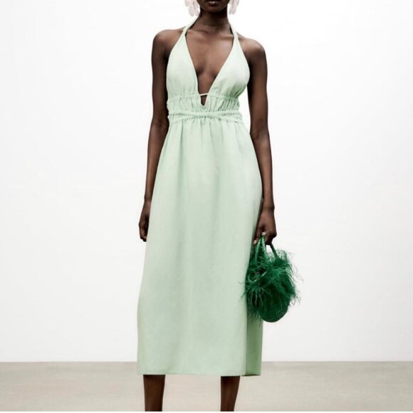 Zara Linen Cotton Halter Midi Dress Blogger Fav Green Size Small - Picture 1 of 6